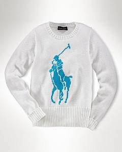 Polo Girls Big Pony Cotton Crewneck Sweater/White (Girls 7-16)